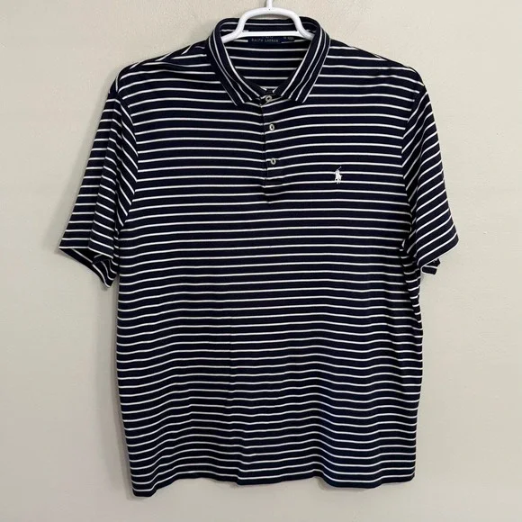 Polo Ralph Lauren Mens XL Navy White Striped Cotton Short Sleeve Golf Polo Shirt - Picture 2 of 6